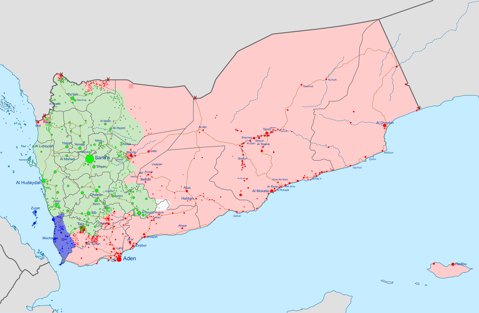 Map showing Houthi-controlled territory in Yemen including the Red Sea coastline and port of Hodeidah, 250 nautical miles from Bab al-Mandab — the force with unilateral power to close Saudi Arabia's western export corridor