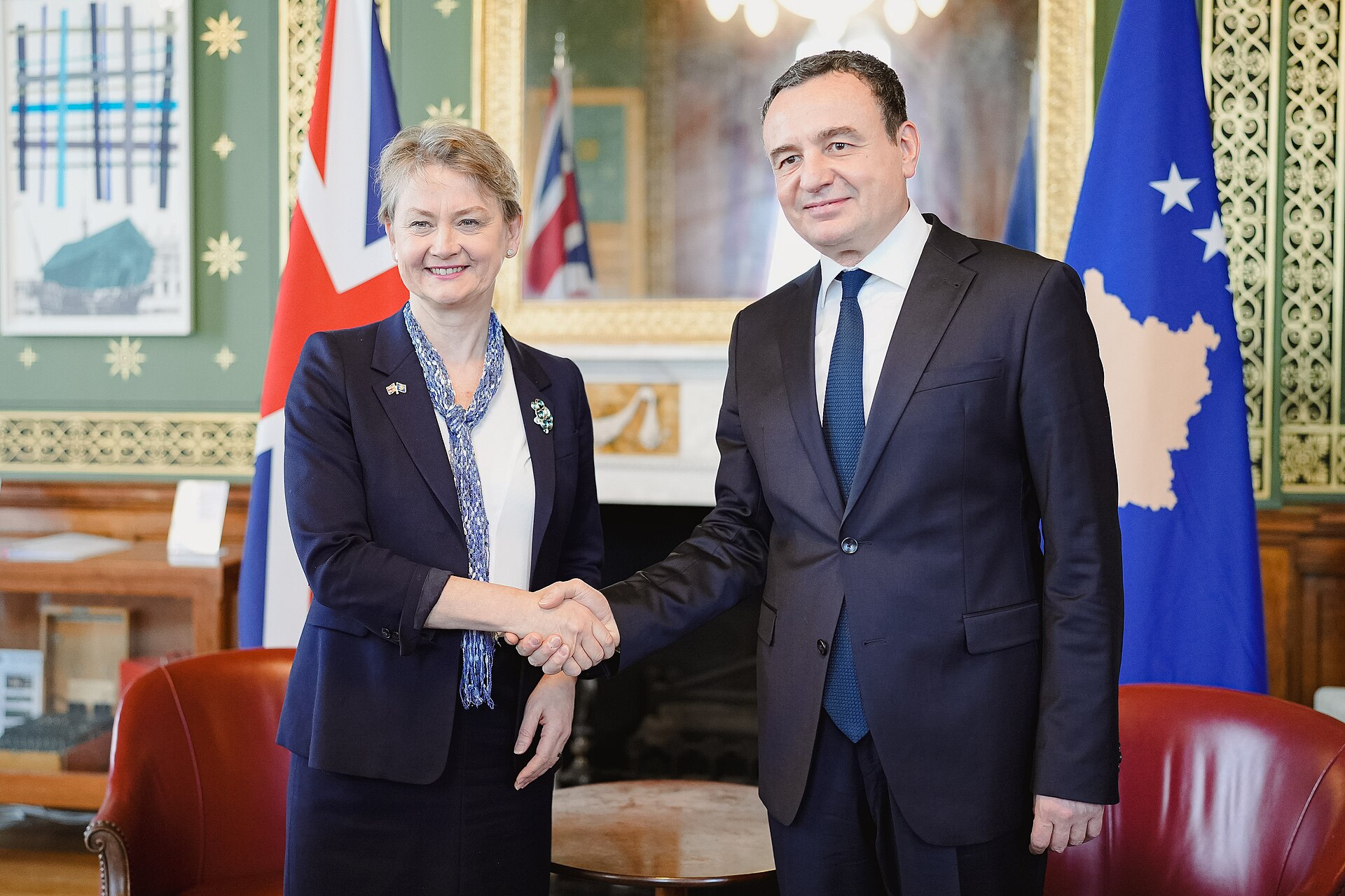 UK Foreign Secretary Yvette Cooper in a diplomatic meeting — Cooper chaired the 40-nation virtual summit on April 2, 2026 aimed at reopening the Strait of Hormuz
