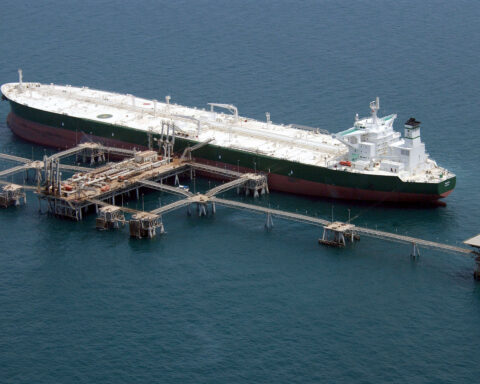 The Saudi Aramco supertanker AbQaiq, named after the kingdom's largest oil processing facility, docked at an offshore crude oil loading terminal in the Persian Gulf. Saudi Arabia relies on offshore terminals like this to export crude that bypasses the bottleneck at the Yanbu Red Sea terminal.