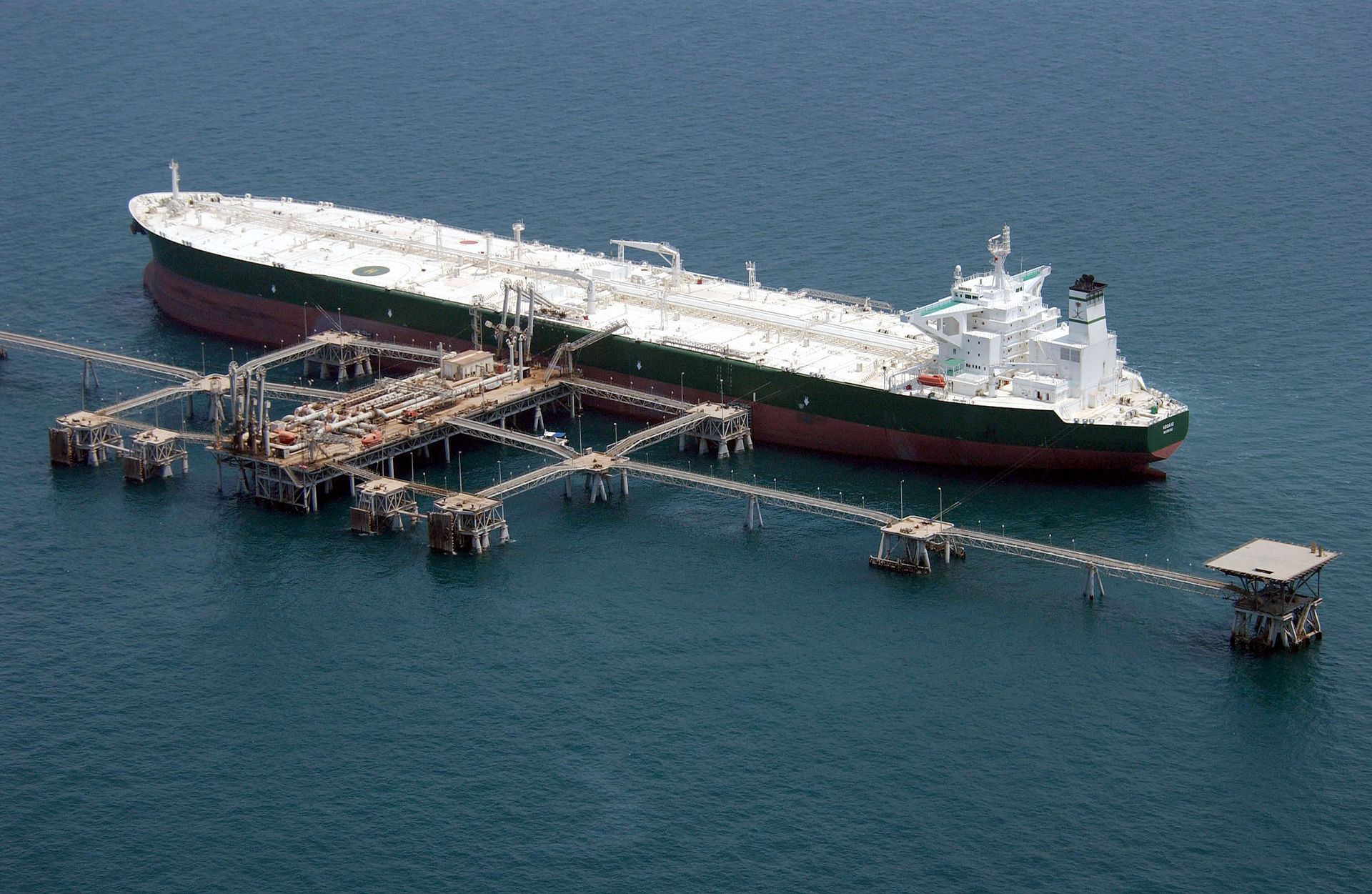 The Saudi Aramco supertanker AbQaiq, named after the kingdom's largest oil processing facility, docked at an offshore crude oil loading terminal in the Persian Gulf. Saudi Arabia relies on offshore terminals like this to export crude that bypasses the bottleneck at the Yanbu Red Sea terminal.