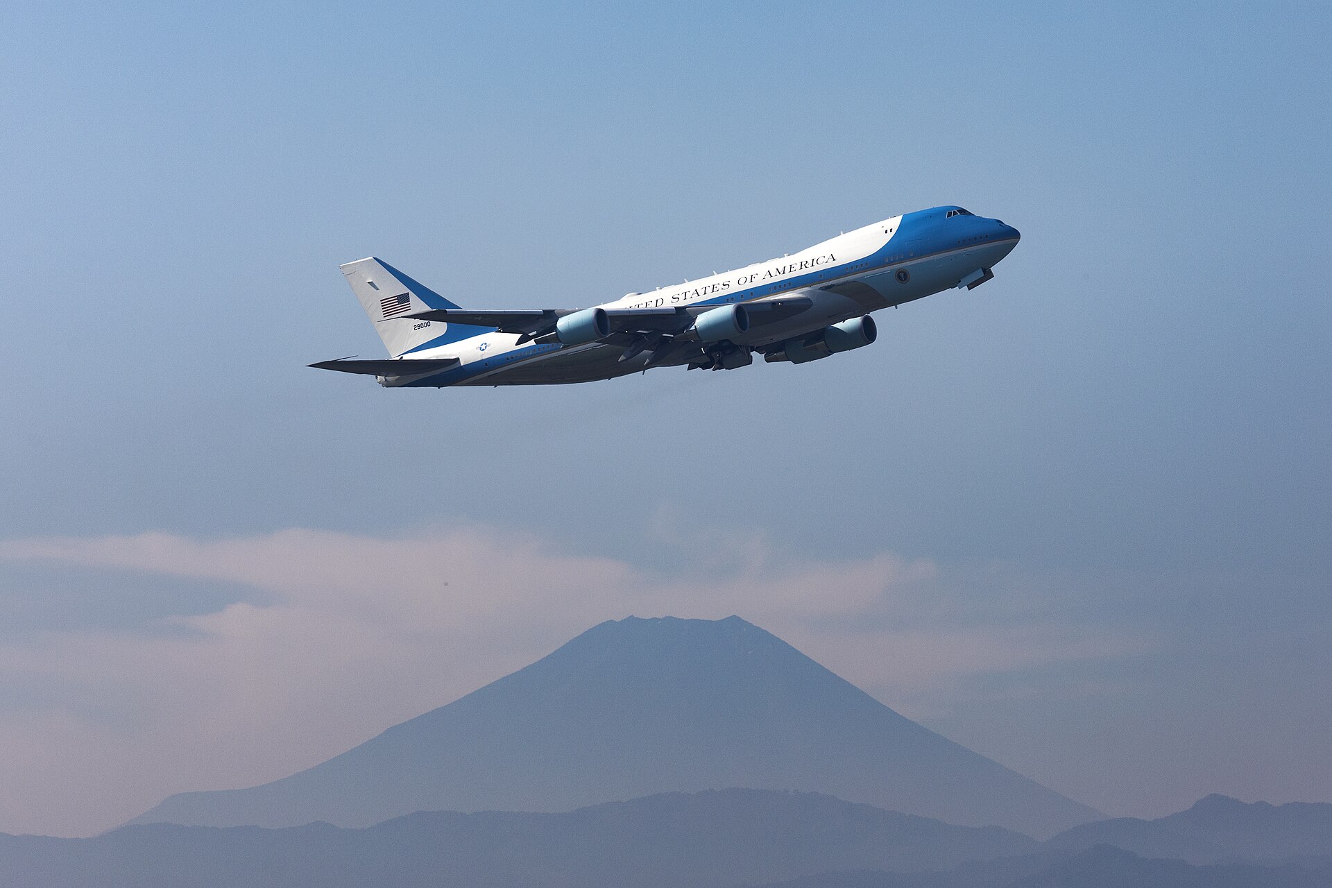 Air Force One VC-25A departing Yokota Air Base Japan with Mount Fuji visible below, November 2017