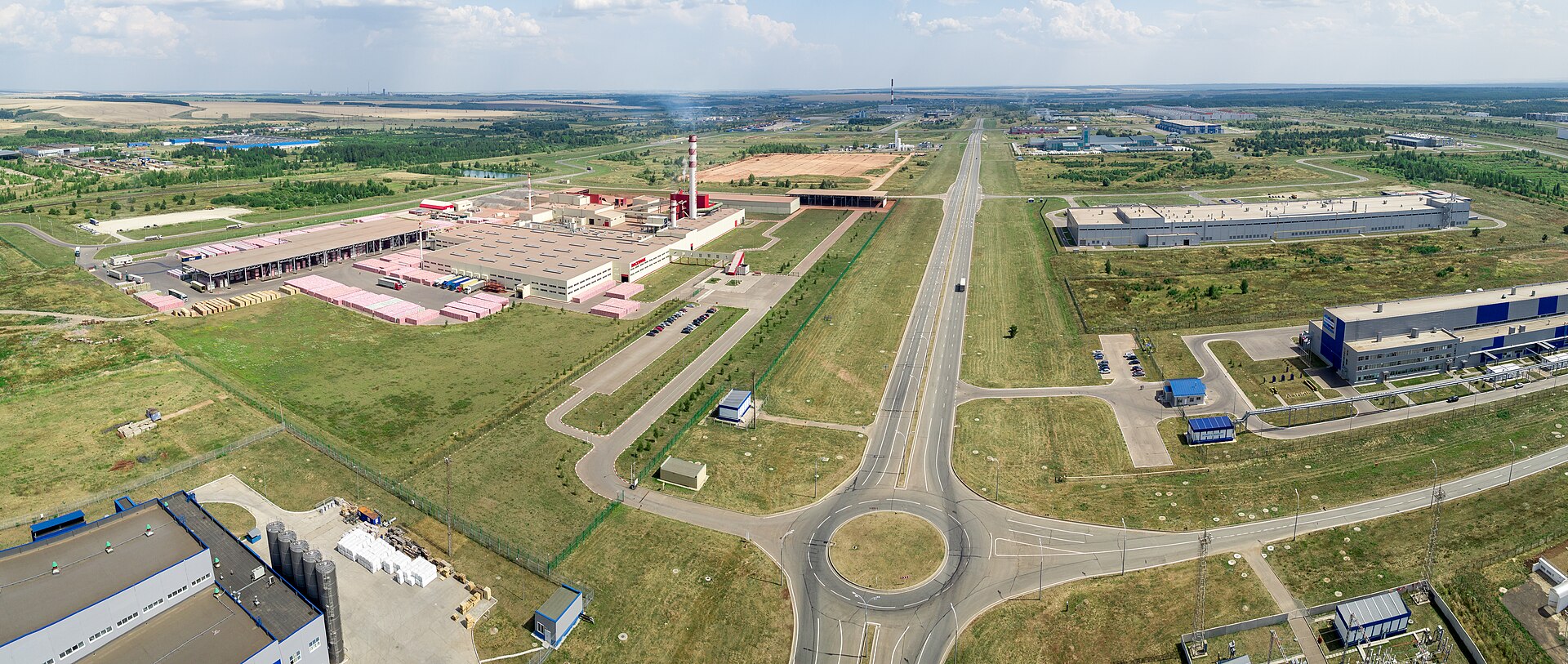 Aerial panorama of the Alabuga Special Economic Zone in Tatarstan, Russia, where the Yelabuga drone factory produces Geran-2 components on the Kama River