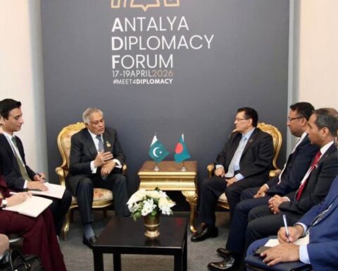 Pakistan Foreign Minister Ishaq Dar in bilateral session at the Antalya Diplomacy Forum, 17-19 April 2026 — one of three quadrilateral meetings held in a single month by Turkey, Saudi Arabia, Egypt, and Pakistan