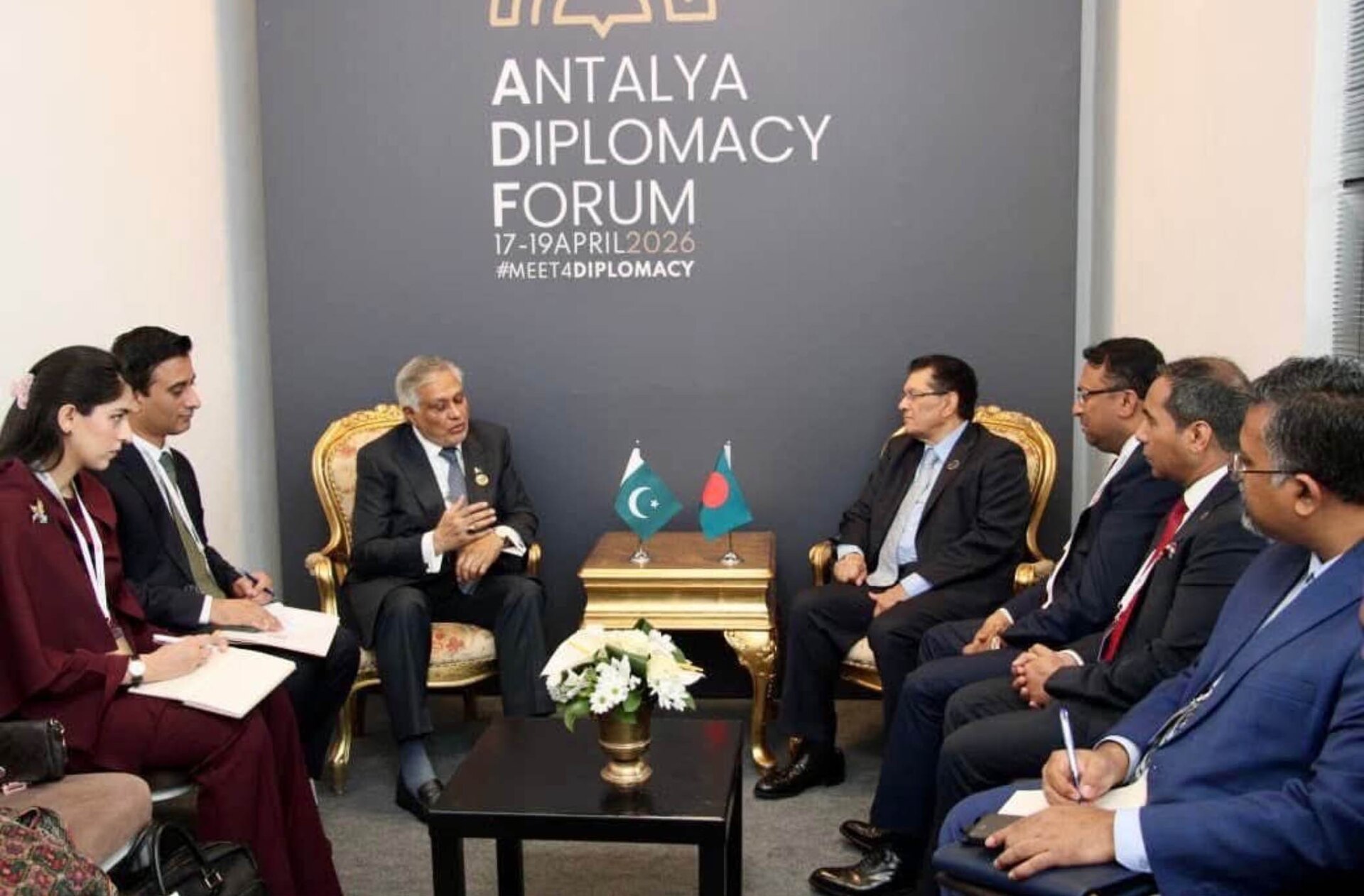 Pakistan Foreign Minister Ishaq Dar in bilateral session at the Antalya Diplomacy Forum, 17-19 April 2026 — one of three quadrilateral meetings held in a single month by Turkey, Saudi Arabia, Egypt, and Pakistan