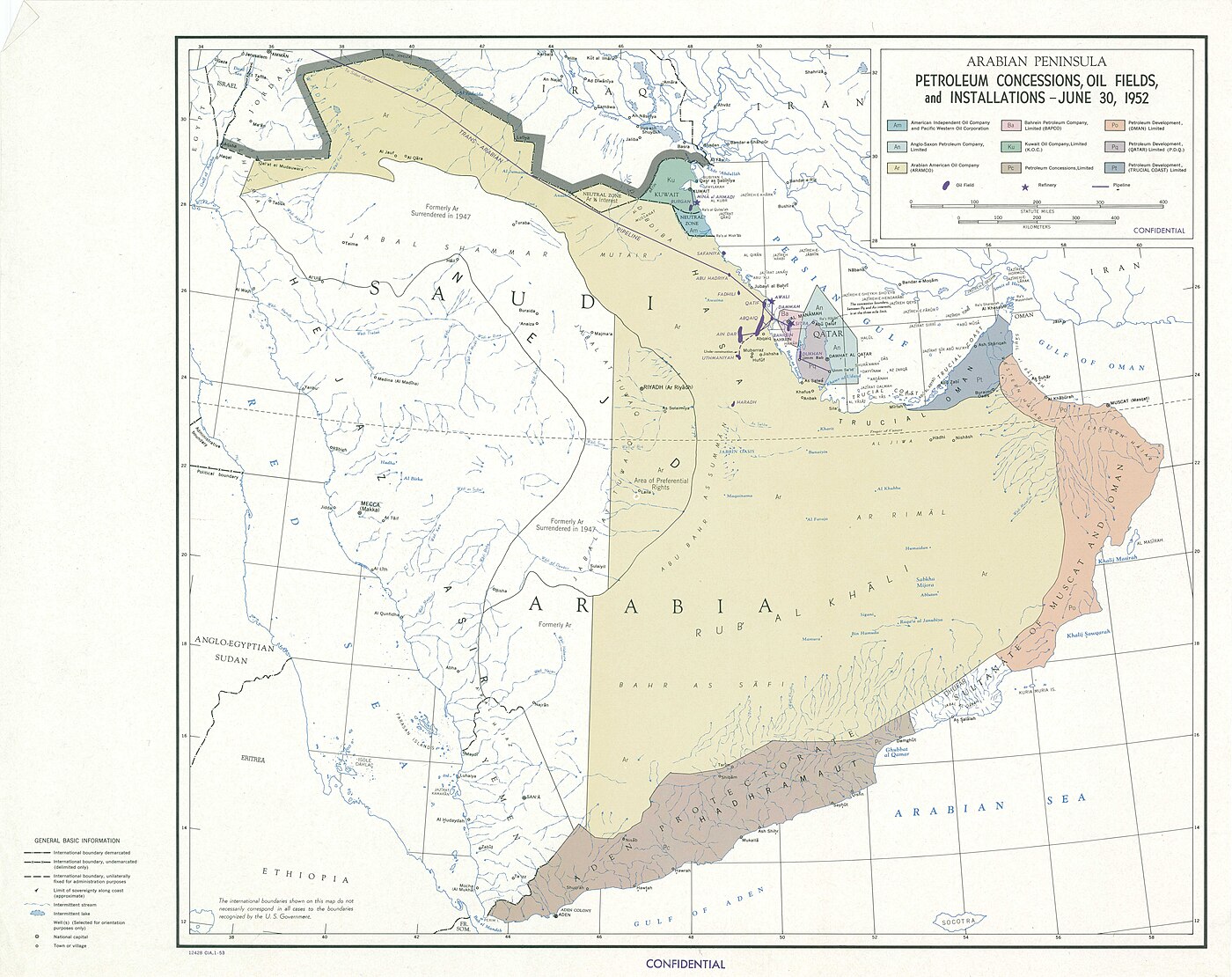 CIA 1952 map of Arabian Peninsula petroleum concessions, oil fields and installations showing the Eastern Province concentration of Saudi Aramco infrastructure that remains the core of Saudi oil export capacity today