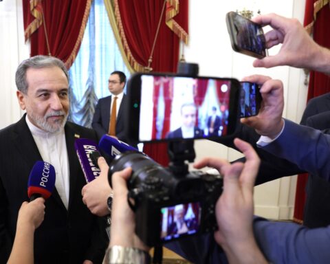 Abbas Araghchi, Iran foreign minister, speaks to reporters — the same format in which he told journalists at BRICS New Delhi on May 15 2026 that nuclear talks had reached "almost a deadlock"
