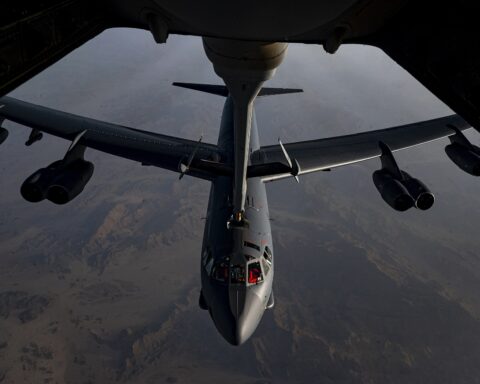 B-52H Stratofortress aerial refueling by KC-10 during US CENTCOM Gulf presence patrol, June 2022