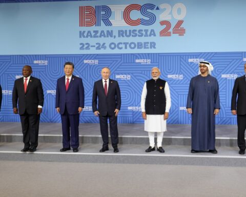 BRICS leaders at the 16th BRICS Summit family photograph in Kazan, Russia, October 2024, including Modi, Xi Jinping, Putin, and Sheikh Mohammed bin Zayed of UAE
