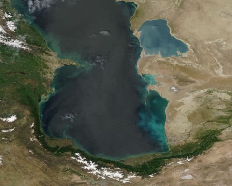 NASA MODIS satellite image of the southern Caspian Sea showing Iran coastline and Bandar Anzali port, the terminus of Russia's drone resupply corridor