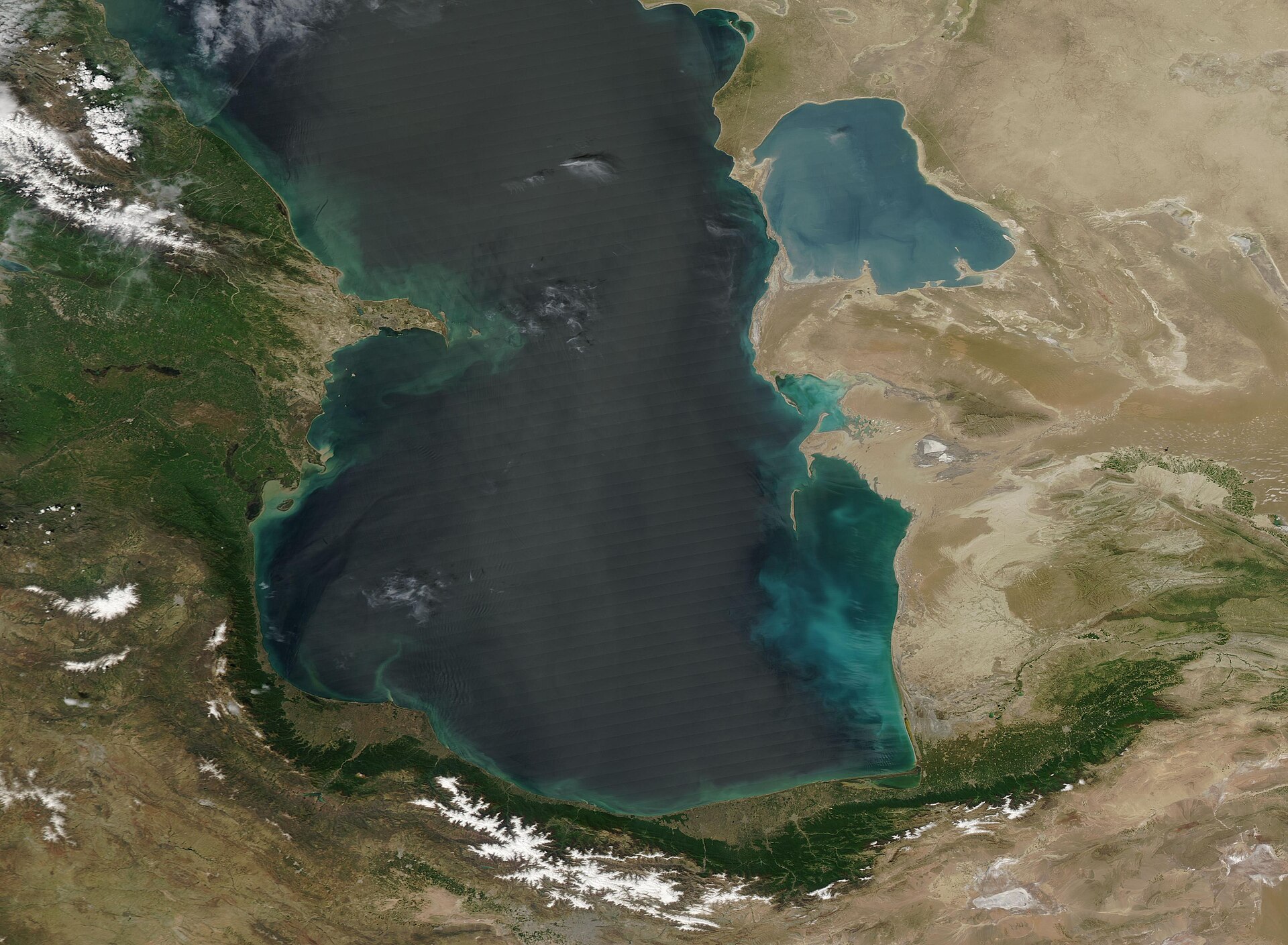 NASA MODIS satellite image of the southern Caspian Sea showing Iran coastline and Bandar Anzali port, the terminus of Russia's drone resupply corridor