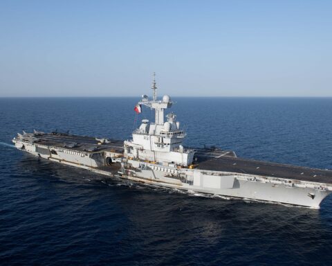 French aircraft carrier Charles de Gaulle (R91) underway in the Red Sea, April 2019, with Rafale jets visible on deck