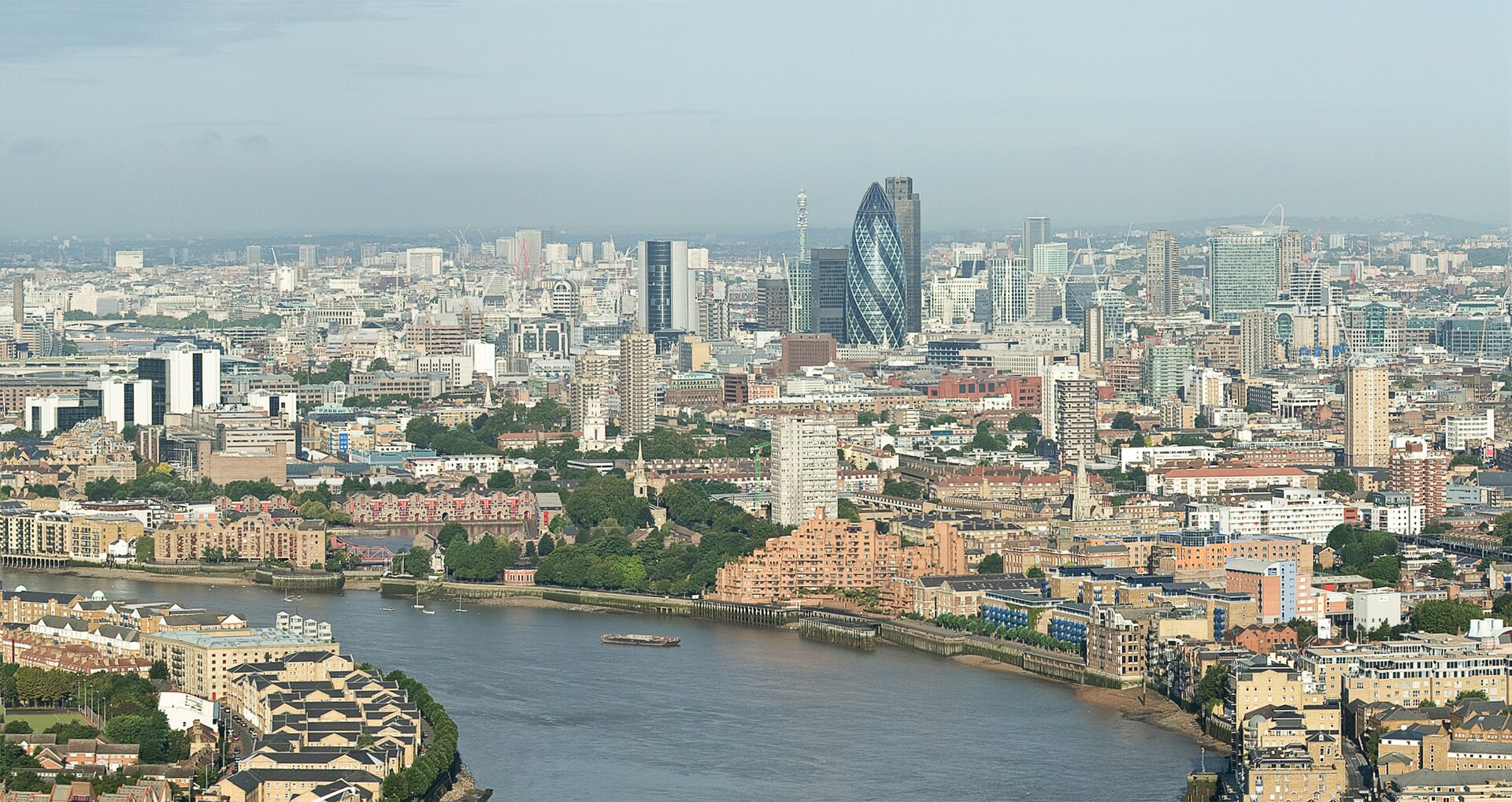 City of London financial district skyline viewed from Canary Wharf across the Thames