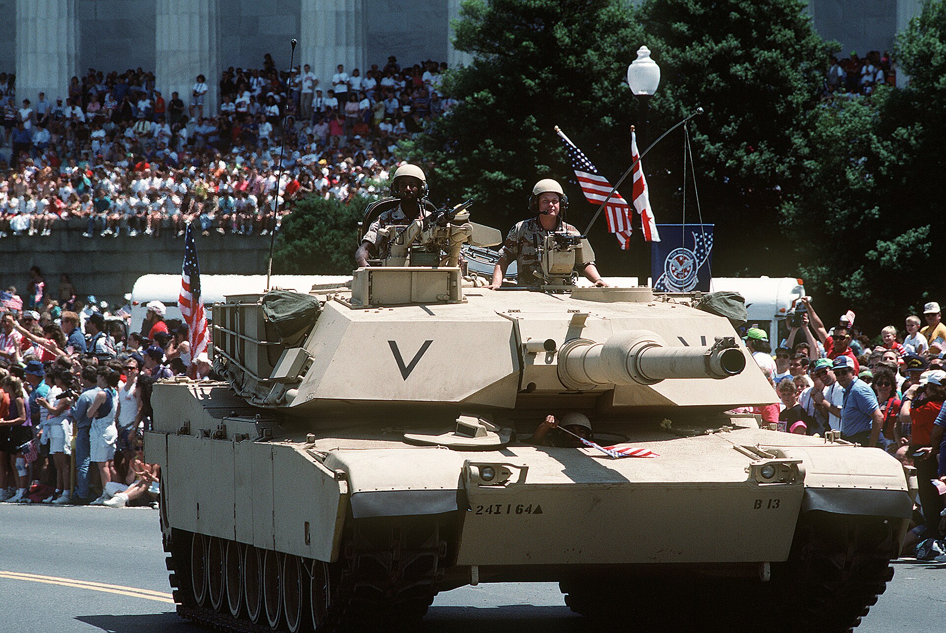 M1A1 Abrams tank during the 1991 Gulf War National Victory Celebration parade — in 1990 the Security Council resolution reaffirming Article 51 rights was backed by a 34-nation coalition that liberated Kuwait in six months; in 2026 the same legal architecture produced no collective Gulf military response in ninety-one days