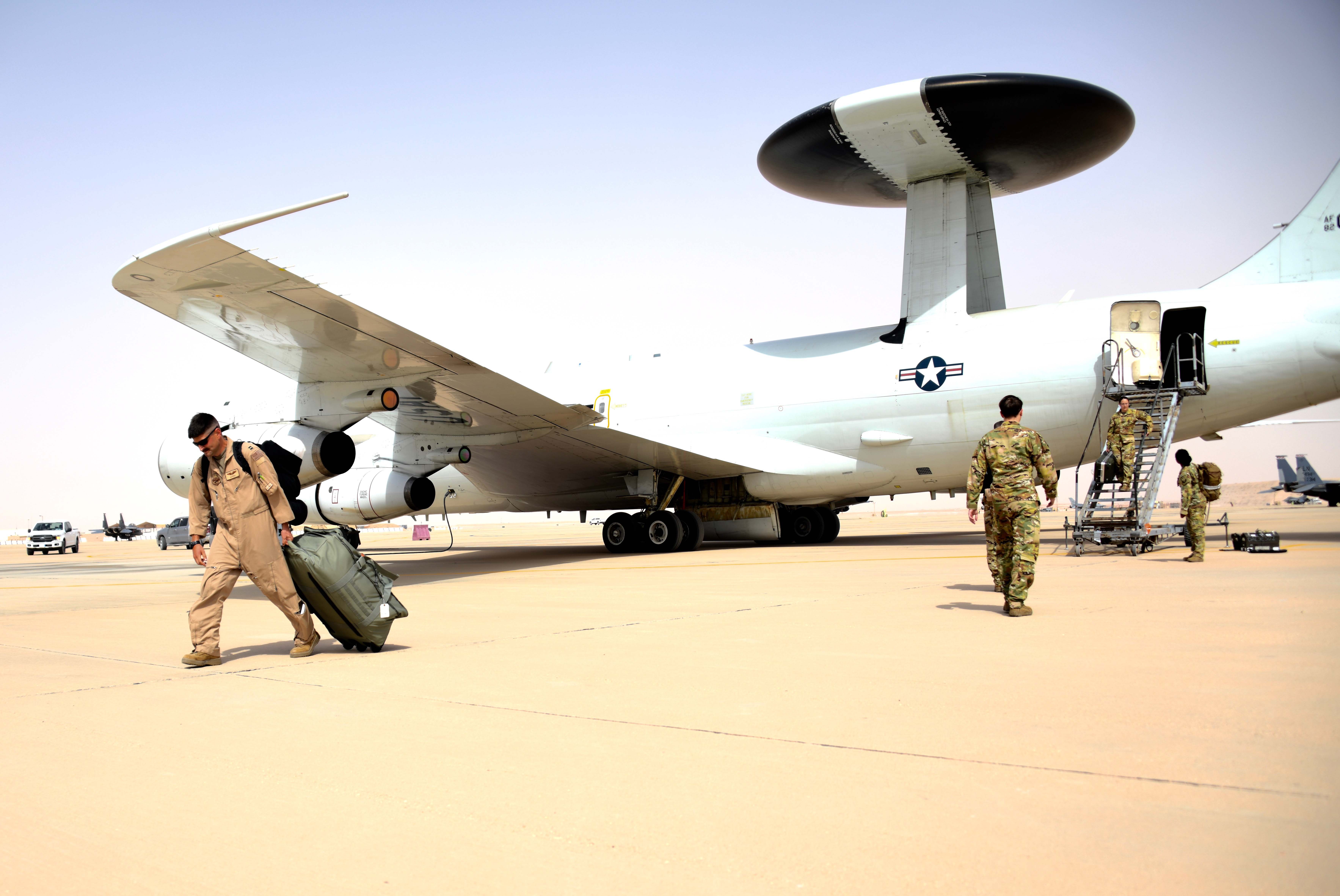 E-3G Sentry AWACS aircraft at Prince Sultan Air Base Saudi Arabia with US Air Force crew, March 2020