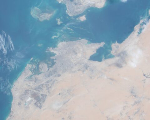 Saudi Arabia Eastern Province Arabian Gulf coast photographed from ISS during Expedition 62, showing Dammam, Tarout Bay, and the Ras Tanura and Juaymah coastal industrial cluster