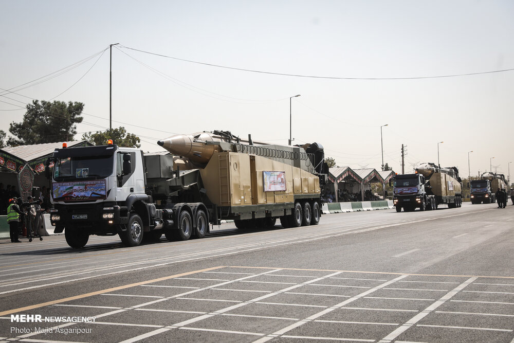 Iran Emad MRBM medium-range ballistic missiles on mobile transporter-erector-launcher vehicles at the 2019 Sacred Defence Week parade near Tehran
