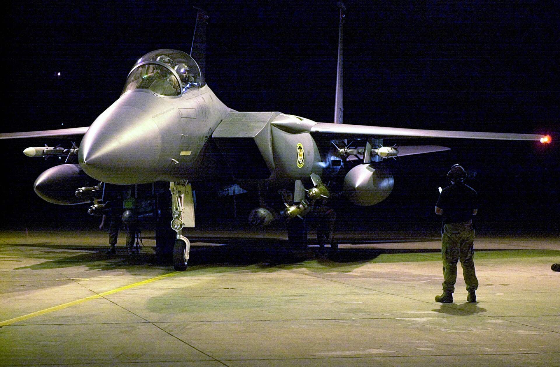 F-15E Strike Eagle at Al Udeid Air Base Qatar on armed night sortie, CENTCOM forward headquarters