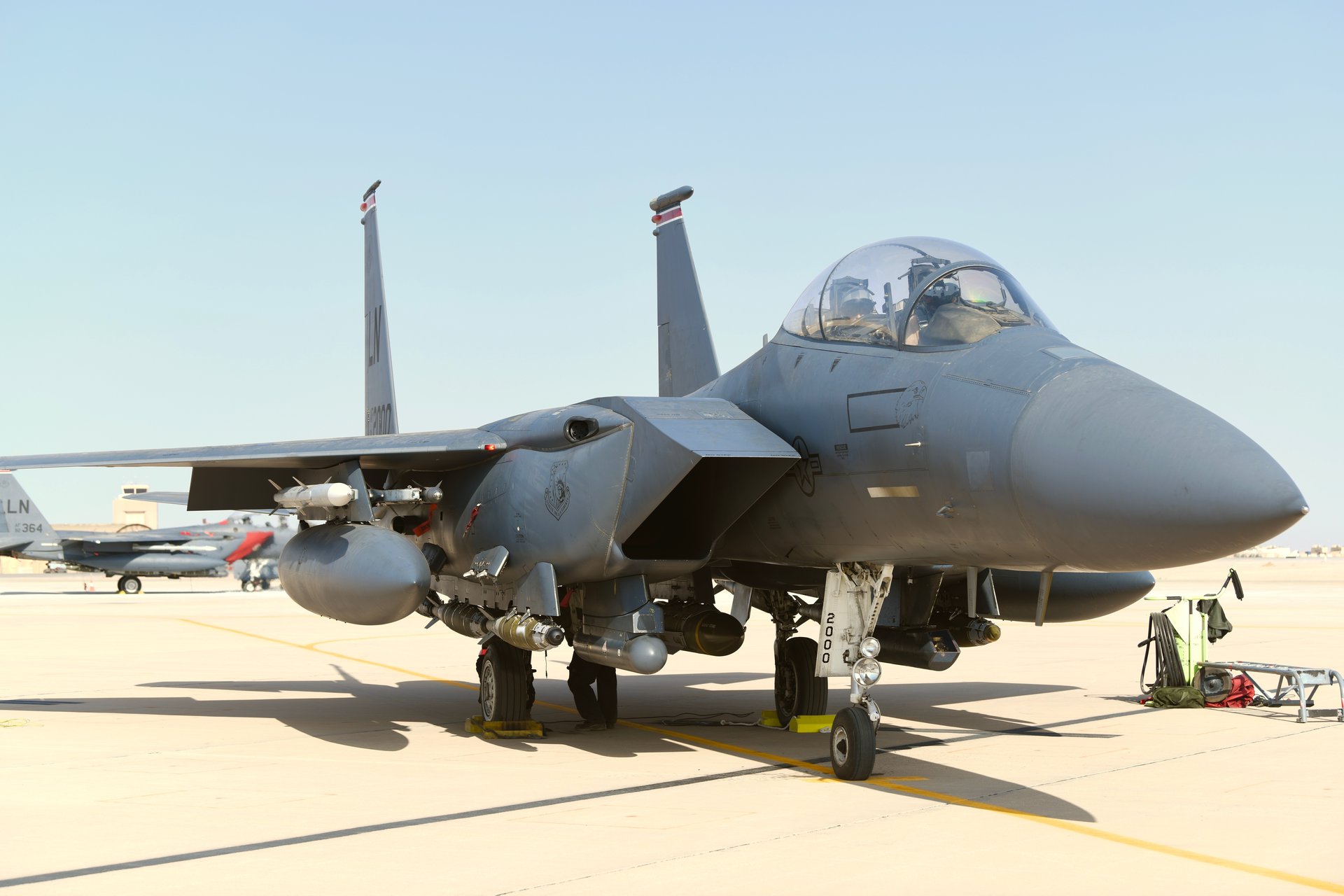 US Air Force F-15E Strike Eagle armed with precision-guided munitions on the flight line at Prince Sultan Air Base, Saudi Arabia
