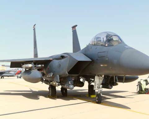 F-15E Strike Eagle on the flight line at Prince Sultan Air Base, Al Kharj, Saudi Arabia, armed and ready for a sortie. USAF photo.
