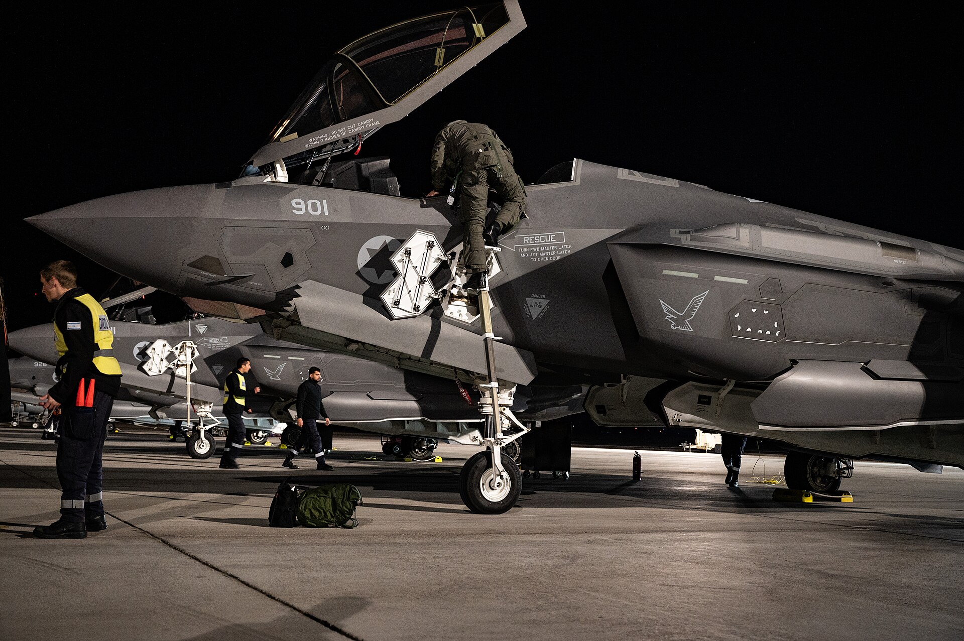 Israeli Air Force F-35I Adir stealth fighter on the flight line, showing tail number 901 and IAF squadron markings, 2023. The Adir is the only F-35 variant authorised to integrate non-US weapons systems.