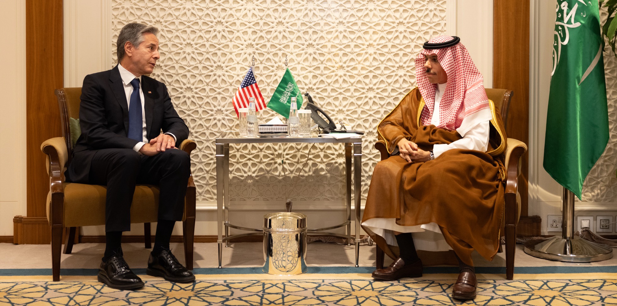 Prince Faisal bin Farhan, Saudi Arabia's Foreign Minister, in bilateral diplomatic meeting in Riyadh, October 2023 — Faisal maintains daily phone contact with Iranian FM Araghchi even through active GCC strikes
