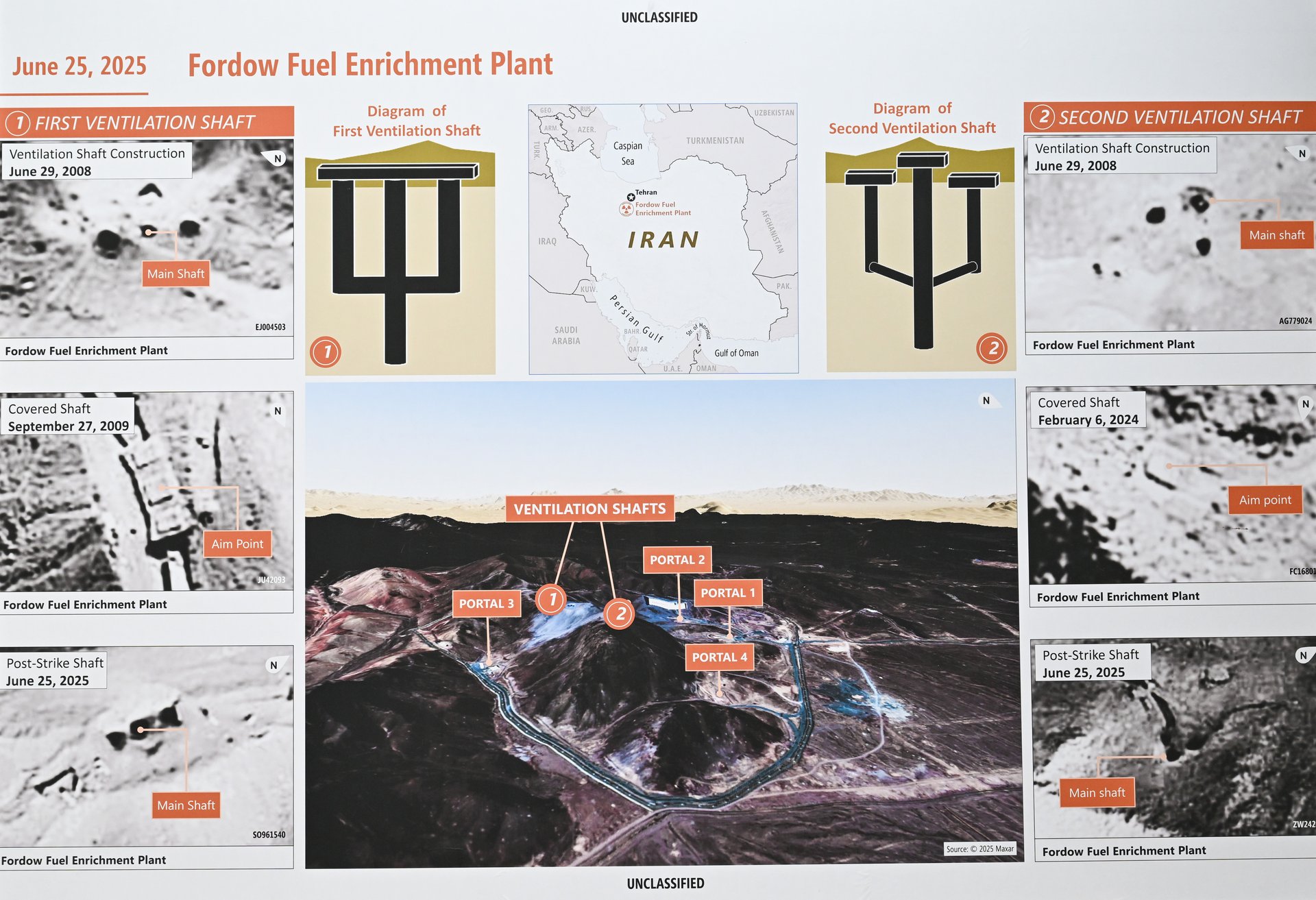 Fordow Fuel Enrichment Plant briefing board at Pentagon press conference, June 25 2025, showing satellite imagery of ventilation shafts and post-strike damage