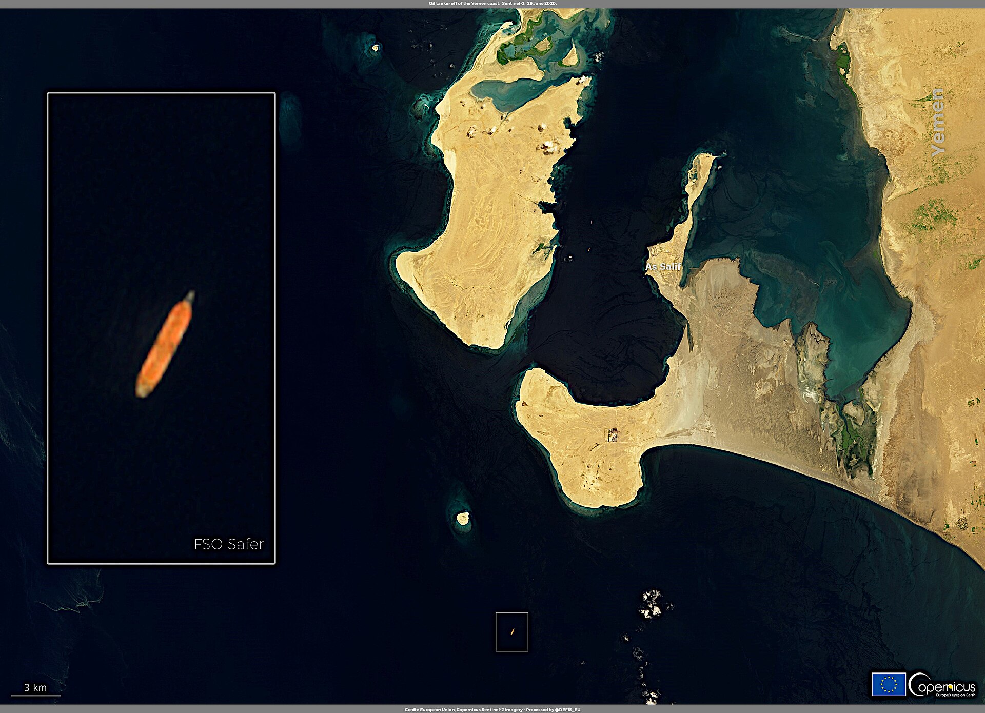 Copernicus Sentinel-2 satellite image showing FSO Safer supertanker moored off the Yemeni coast near Hudaydah — the decaying vessel sat in Houthi-controlled waters for years, exemplifying the maritime risk architecture along Saudi Arabia's bypass export route