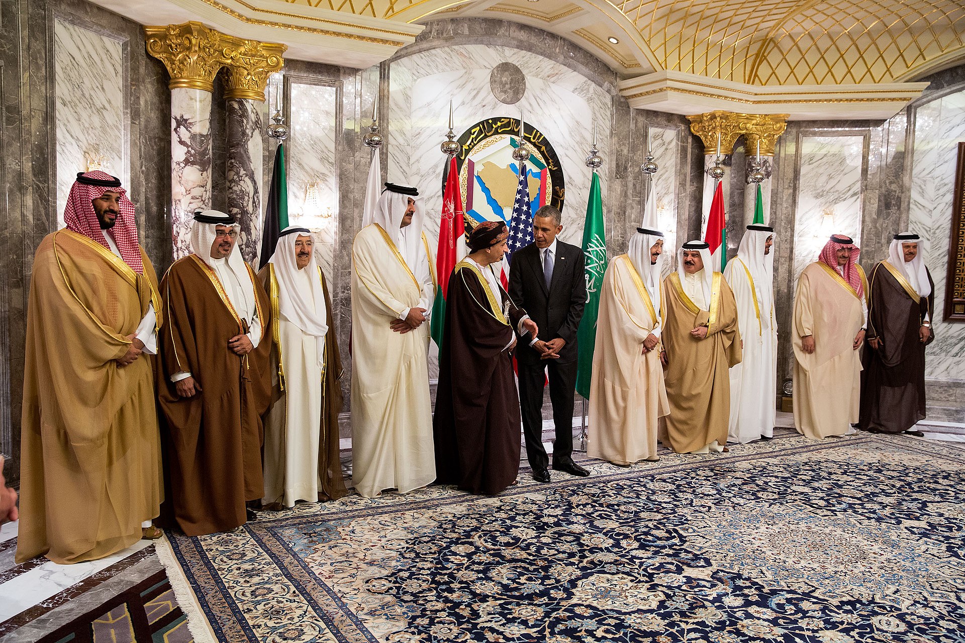 President Obama joins GCC leaders for a group photo at Diriyah Palace, Riyadh, April 2016, with MBS at far left
