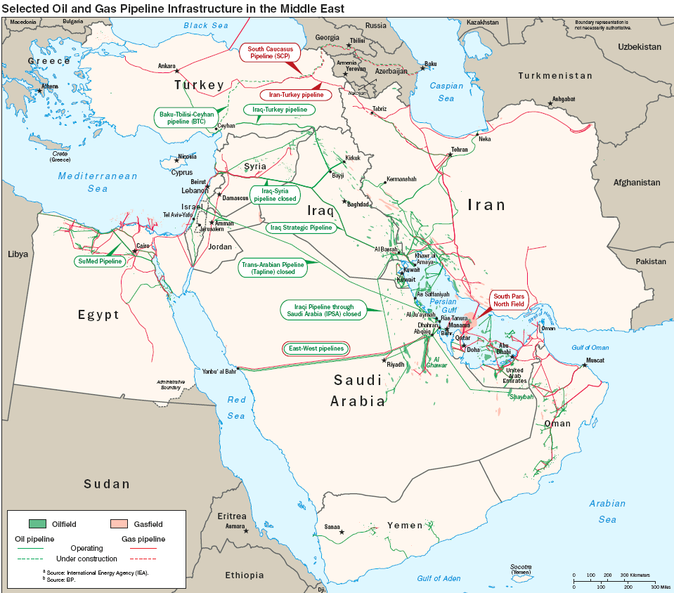 IEA map of selected oil and gas pipeline infrastructure in the Middle East showing the Saudi East-West pipelines to Yanbu on the Red Sea, Gulf oilfields, and major regional energy corridors