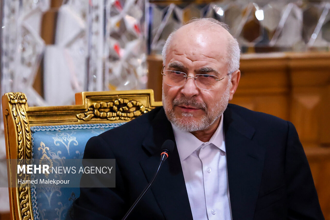 Mohammad Bagher Ghalibaf, Speaker of the Iranian Majlis (Islamic Consultative Assembly), speaking at a diplomatic meeting in the parliament reception hall, Tehran, 2025