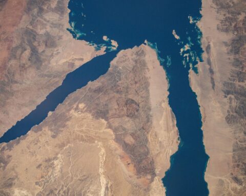 The Gulf of Aqaba (right) and Gulf of Suez (left) from the International Space Station, June 2024. The Tabuk province of Saudi Arabia — where NEOM and Oxagon are under construction — runs along the eastern coast of the Gulf of Aqaba. Photo: NASA/ISS Expedition 71, public domain