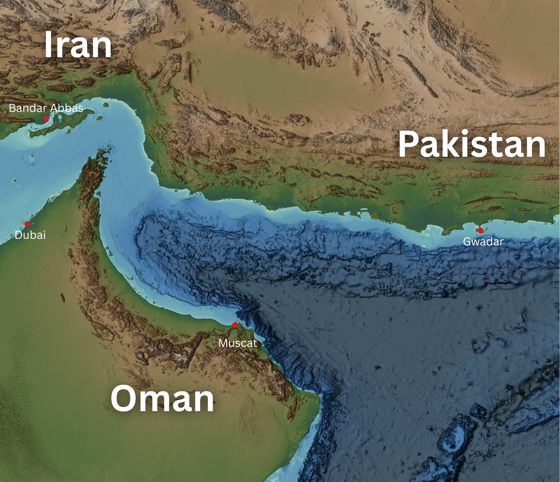 Bathymetric map of the Gulf of Oman showing Iran, UAE (Dubai), Oman, and Pakistan with Bandar Abbas marked — the sea area where both the Fujairah vessel seizure and MSV Haji Ali sinking occurred on May 14, 2026