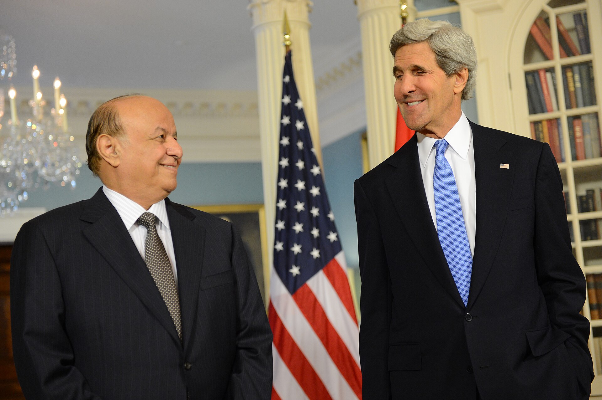 Yemeni President Abd Rabbuh Mansur Hadi and U.S. Secretary of State John Kerry address reporters before their bilateral meeting at the State Department, Washington D.C., July 29, 2013.