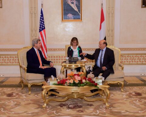 Yemeni President Abd Rabbuh Mansur Hadi meets with U.S. Secretary of State John Kerry in Riyadh, Saudi Arabia, May 7, 2015 — six weeks after signing the letter requesting Saudi military intervention.