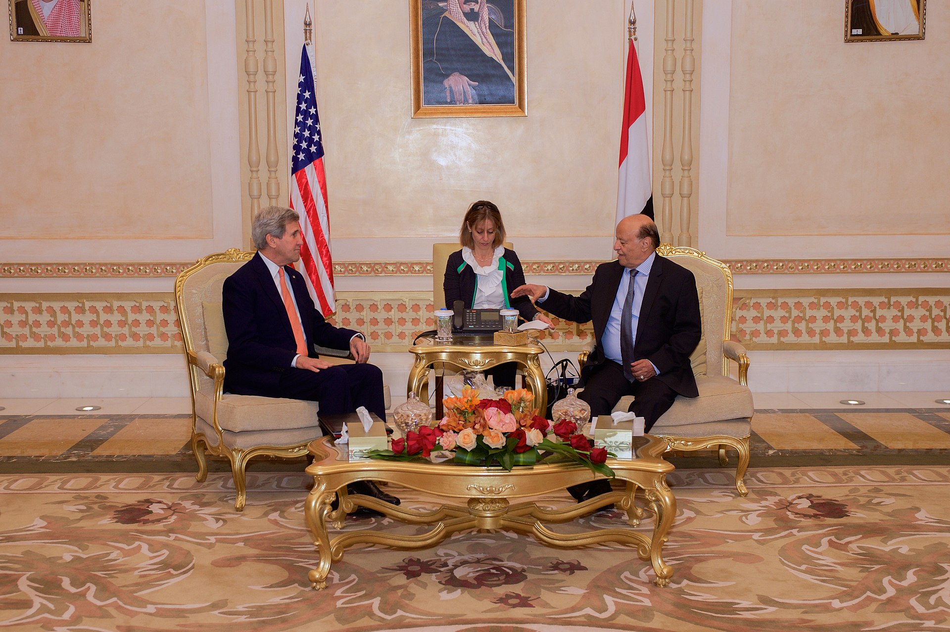 Yemeni President Abd Rabbuh Mansur Hadi meets with U.S. Secretary of State John Kerry in Riyadh, Saudi Arabia, May 7, 2015 — six weeks after signing the letter requesting Saudi military intervention.