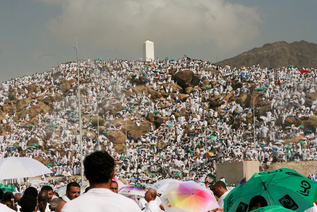 Hajj pilgrims in white ihram garments covering Mount Arafat during the Day of Arafah gathering