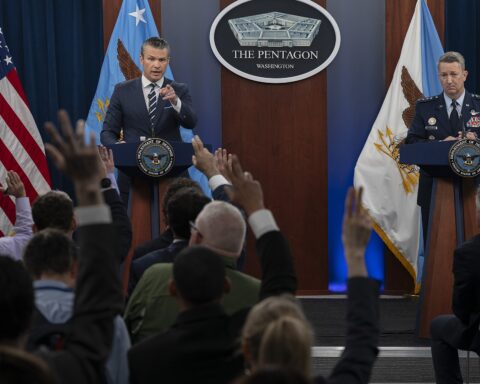 Defense Secretary Pete Hegseth and Chairman of the Joint Chiefs Gen. Dan Caine at Pentagon press briefing podium, June 2025
