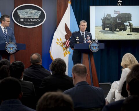 US Defense Secretary Pete Hegseth and Chairman of the Joint Chiefs Gen. Dan Caine hold a press briefing at the Pentagon on the Iran war ceasefire, April 8, 2026