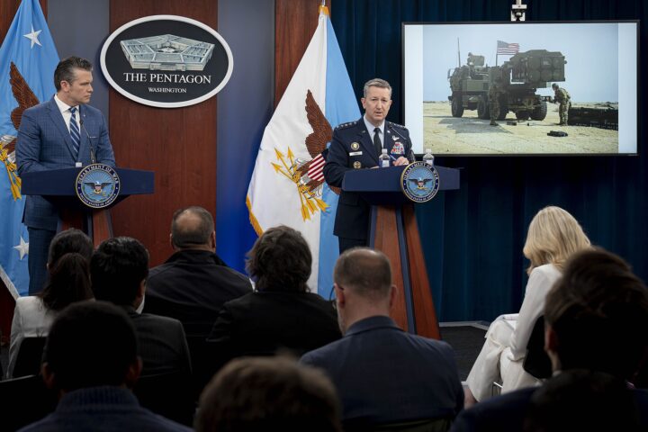 US Defense Secretary Pete Hegseth and Chairman of the Joint Chiefs Gen. Dan Caine hold a press briefing at the Pentagon on the Iran war ceasefire, April 8, 2026