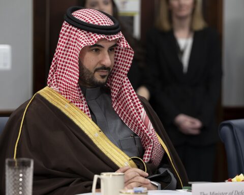 Saudi Defense Minister Prince Khalid bin Salman at a Pentagon bilateral exchange with Secretary Hegseth, February 24 2025 — the same relationship now at the center of US requests for Saudi basing support