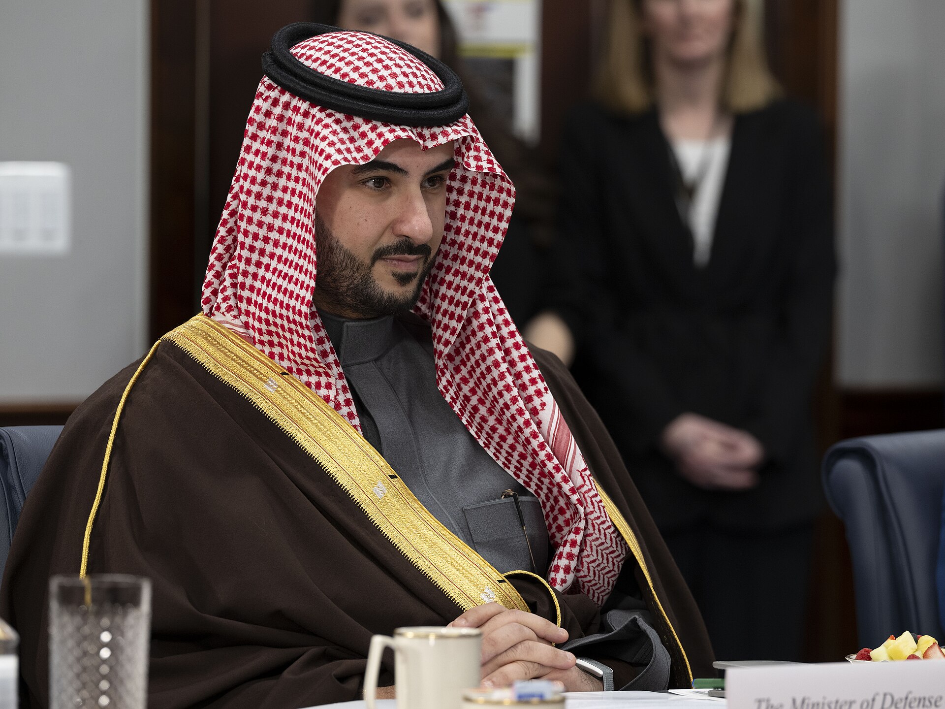 Saudi Defense Minister Prince Khalid bin Salman at a Pentagon bilateral exchange with Secretary Hegseth, February 24 2025 — the same relationship now at the center of US requests for Saudi basing support