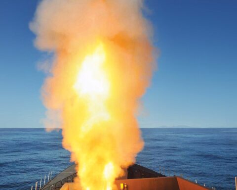 HMS Diamond Type 45 destroyer fires Sea Viper surface-to-air missile during Royal Navy test, demonstrating missile interception capability used against Houthi anti-ship threats in the Red Sea