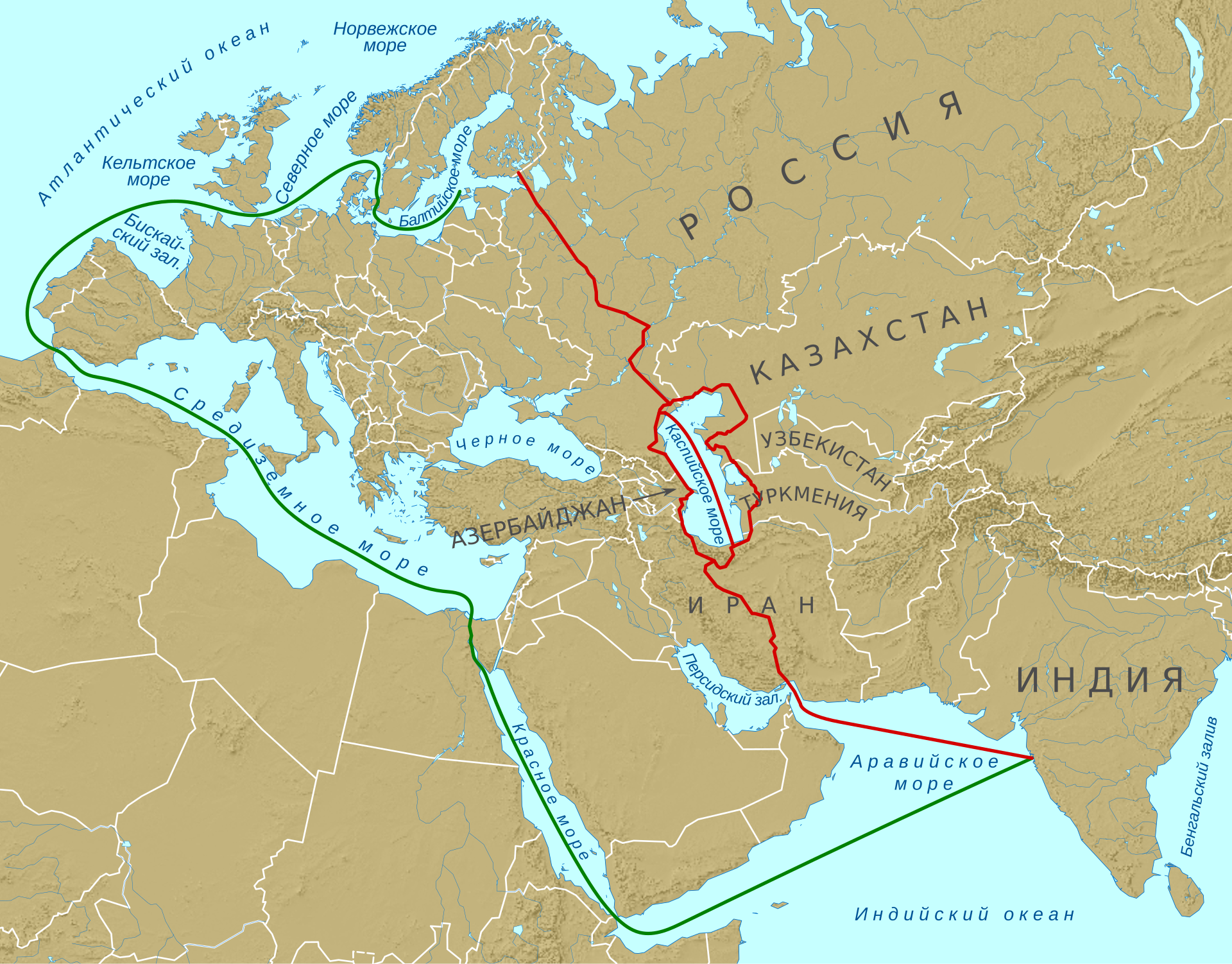 Map of the International North-South Transport Corridor (INSTC) showing the Caspian Sea route linking Russia, Iran, and India through the Aktau Convention zone
