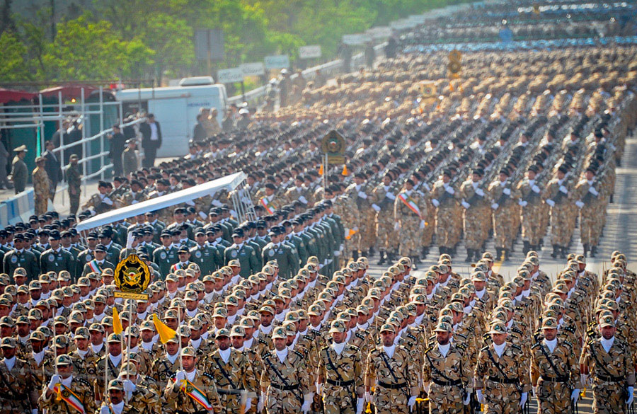 Iranian Armed Forces joint parade showing IRGC and regular army in formation — the command integration that Khatam al-Anbiya Central Headquarters coordinates during wartime
