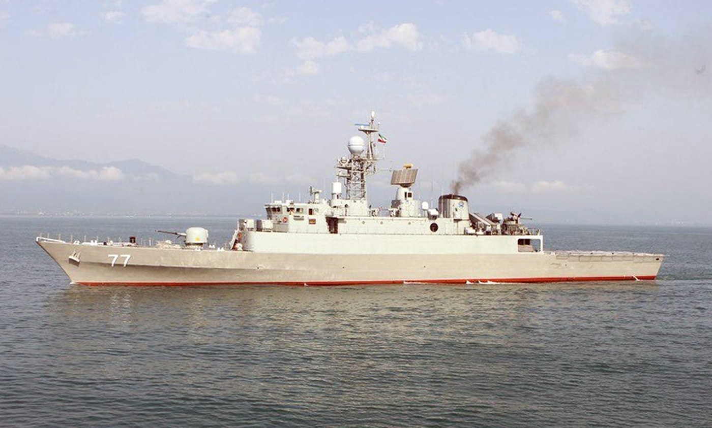 IRINS Damavand Iranian Army Navy frigate underway — the regular Artesh naval branch that conducted the Ocean Koi seizure on May 8, 2026, distinct from the leaderless IRGC Navy