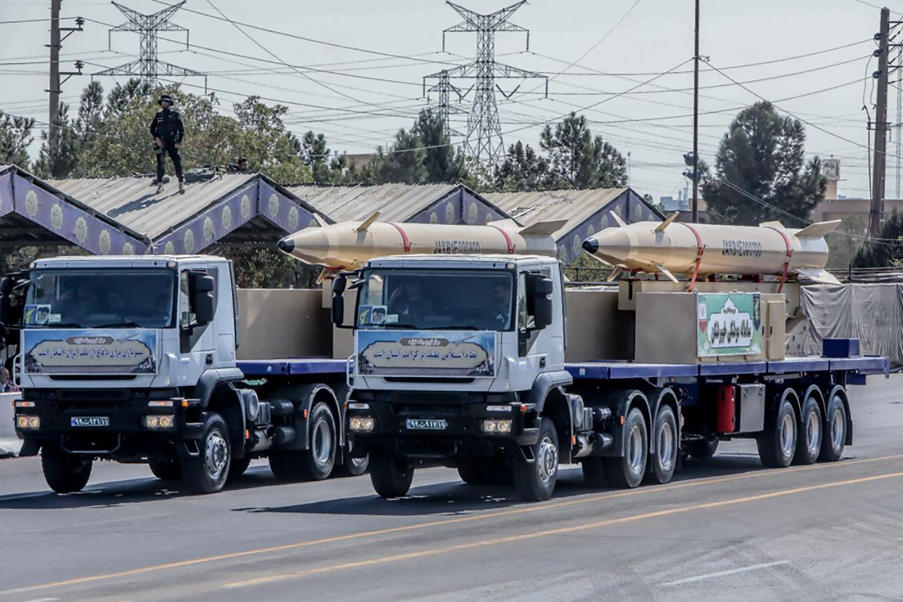 Iranian Kheibar Shekan ballistic missiles on transport vehicles during the Sacred Defence Week parade in Tehran, September 2023