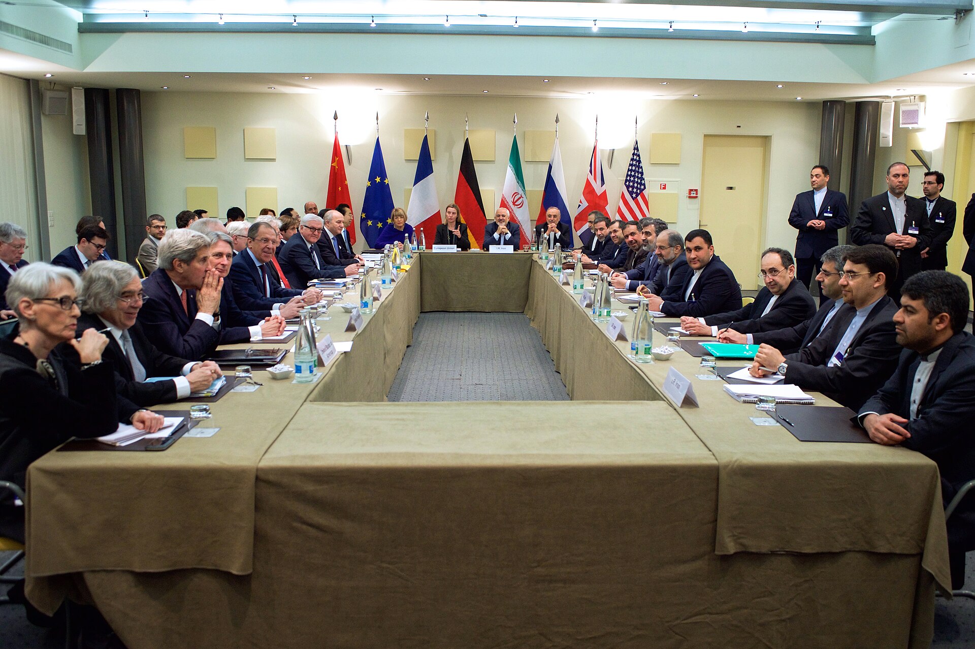 Iran nuclear negotiations P5+1 foreign ministers and EU officials at plenary session in Lausanne 2015 — the most recent framework in which Iran agreed to nuclear constraints required supreme leader approval that took eight days. The current MOU requires Mojtaba Khamenei's signature, a man accessible only by motorcycle courier.