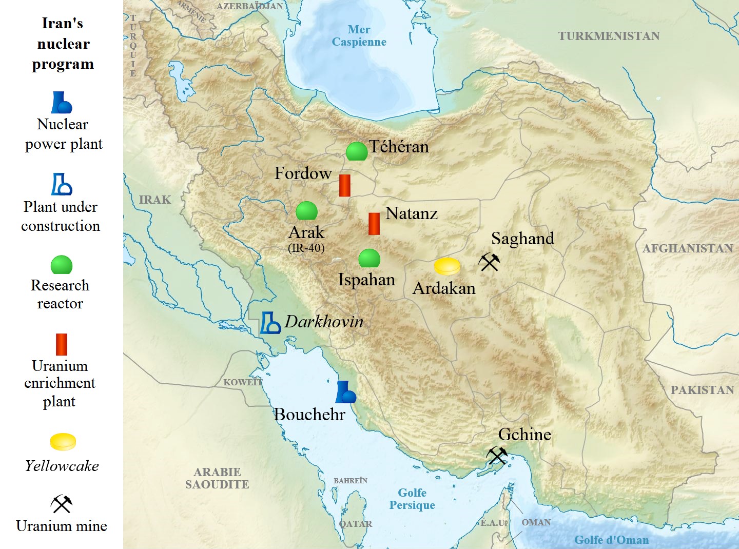 Map of Iran nuclear program sites including Natanz, Fordow, Arak, and Bushehr — the declared facilities NCRI has historically disclosed before IAEA access