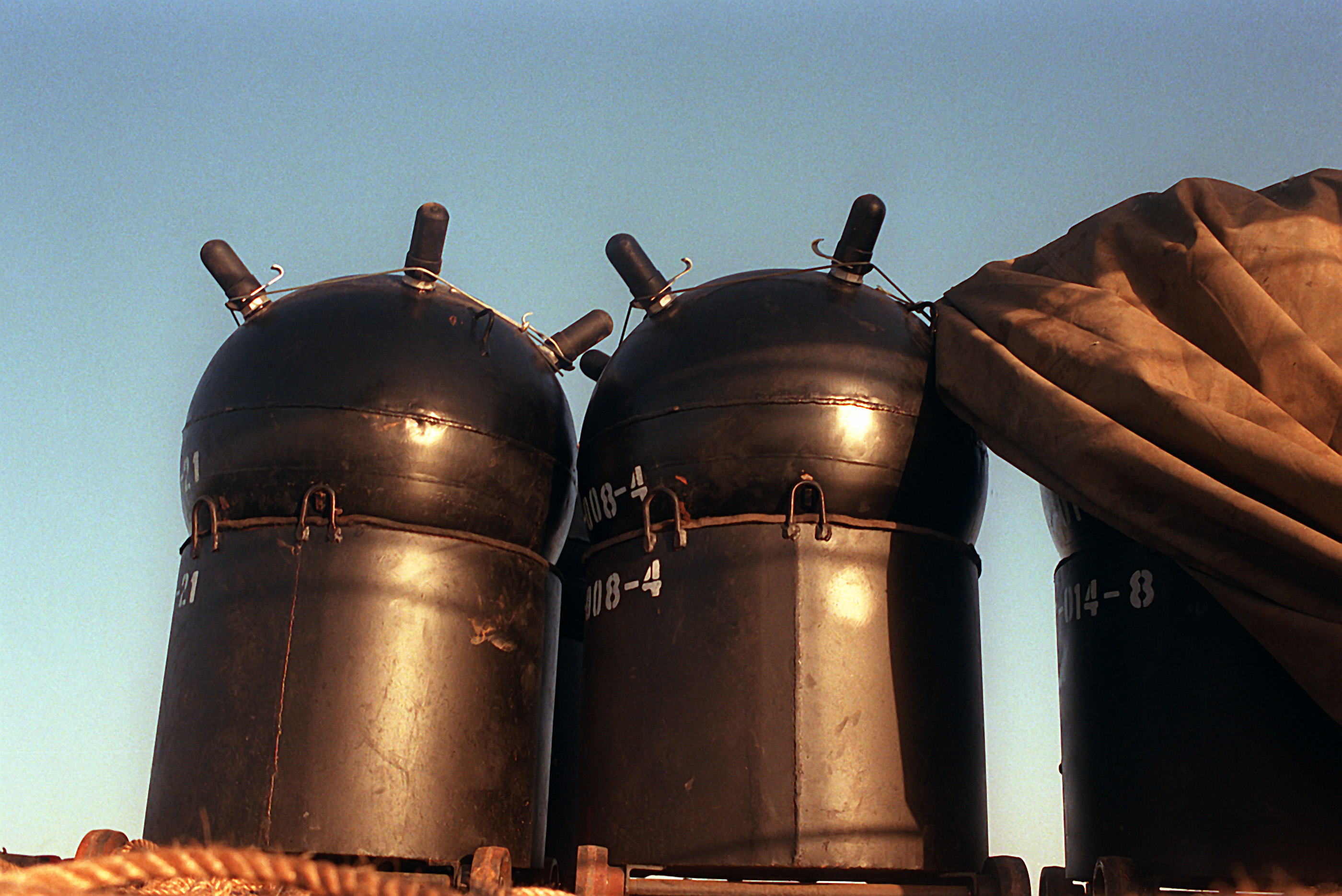 Iranian contact mines with protruding Hertz horns on the deck of the captured Iranian mine-laying ship Iran Ajr, seized by US Navy forces in the Persian Gulf in September 1987