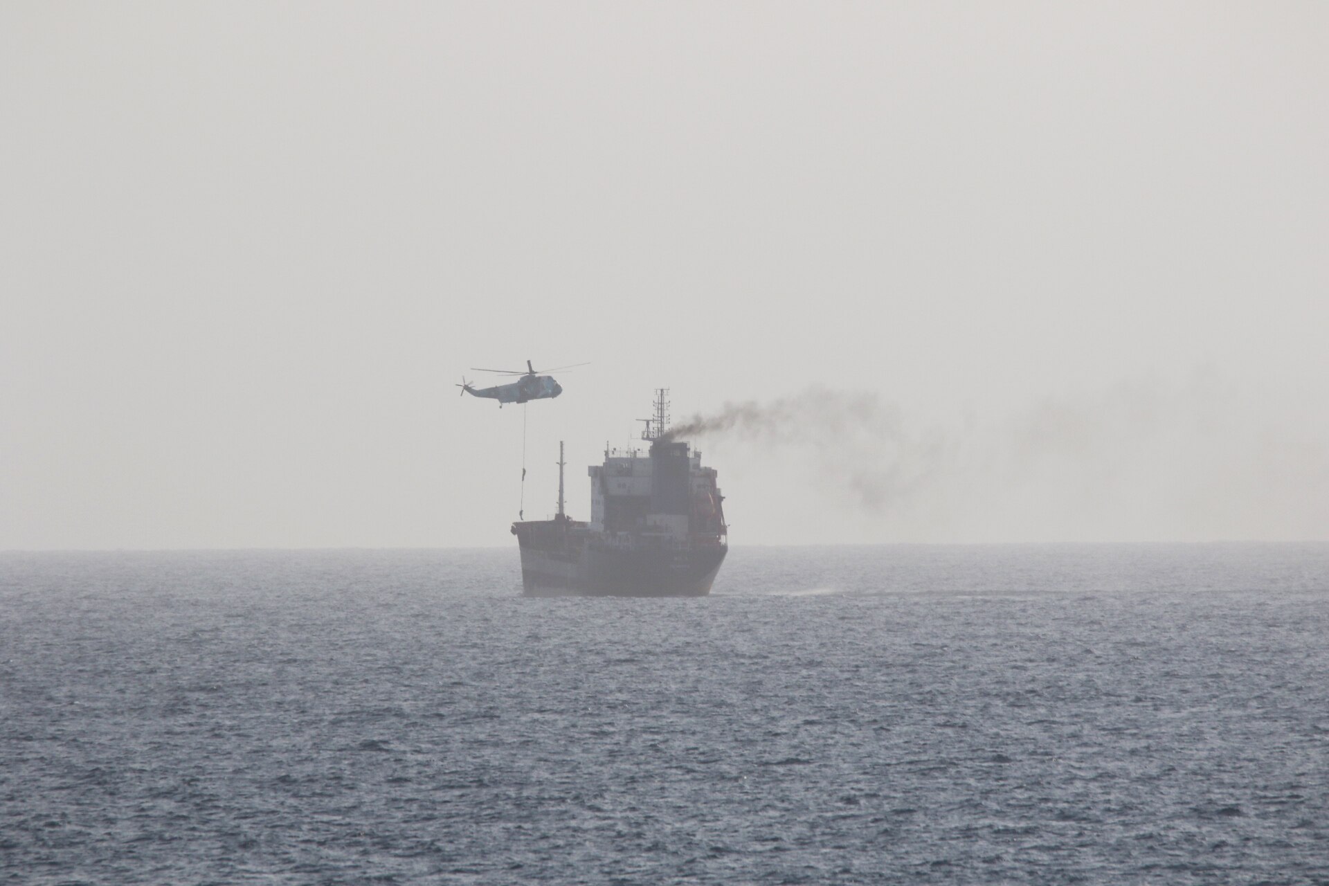 Iranian naval helicopter approaches motor tanker MT Wila in the Arabian Gulf, August 12 2020 — the boarding marked the first documented Iranian seizure of a vessel in international waters that year